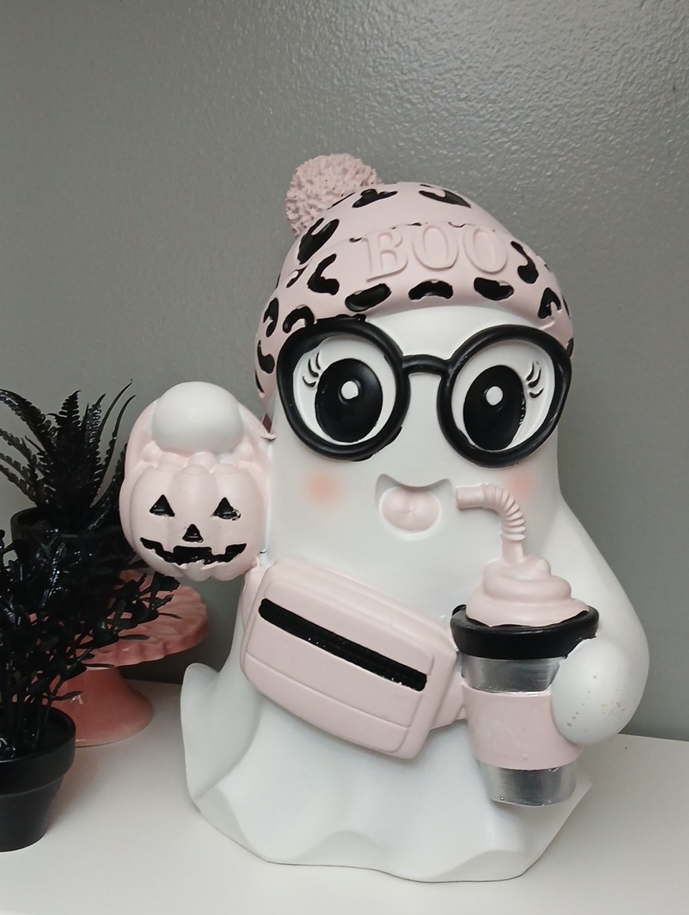 Cute Pink Ghost Halloween Decor with Pumpkin Pail and Drink NWT